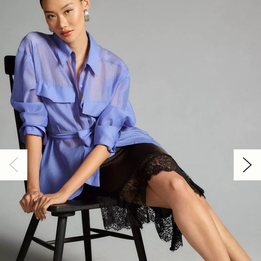 New grey lab sheer tie-waist 1x plus size blouse in iris blue from Anthropologie